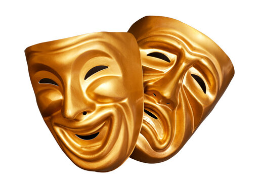 Golden comedy and tragedy theater masks, luxury drama masks isolated on transparent background PNG