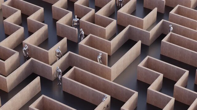 3d animation of metallic figures walks endlessly through a structured maze for VJ sets, high-tech club visuals,  electronic music festivals, stage screens and for LED video walls