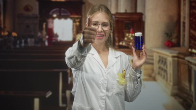 Woman holding blue pill bottle and offering thumbs up gesture in ornate church building aisle with lab coat pocket and pens visible; confidence health.