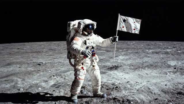 Astronaut planting flag standing on lunar surface during moonwalk