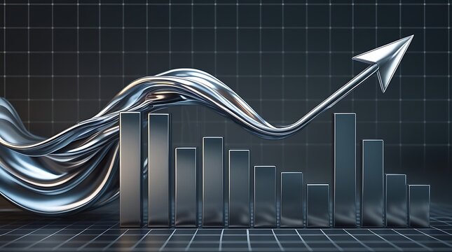 Metallic upward arrow and bar graph 3d render illustration on dark grid background high quality