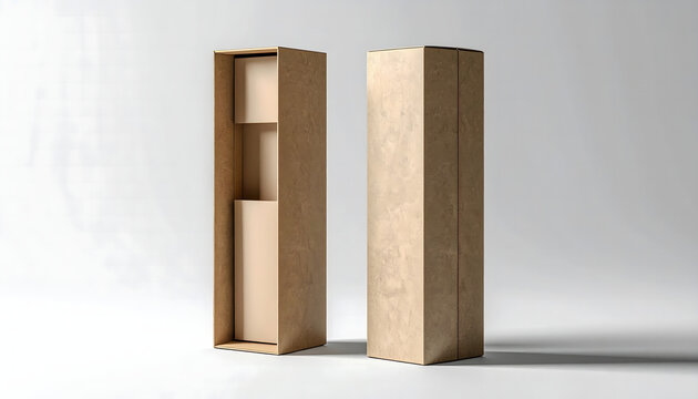 Two empty cardboard boxes, one closed and one open showing the interior, against a white background, perfect for product packaging mockups or storage solutions