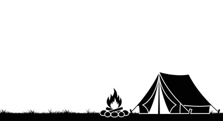 Black silhouette of a camping tent and a burning campfire on the ground. © Adilah_Fathir