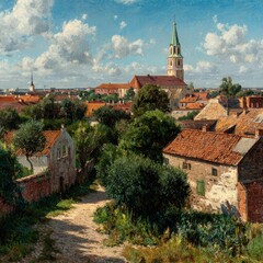 Obraz premium Charming European Town with Steepled Church