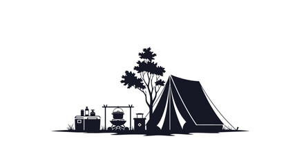 Camping scene silhouette with tent tree and campfire equipment. © Adilah_Fathir