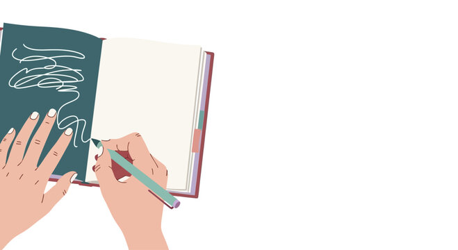 Illustration of hands writing and drawing in an open notebook.