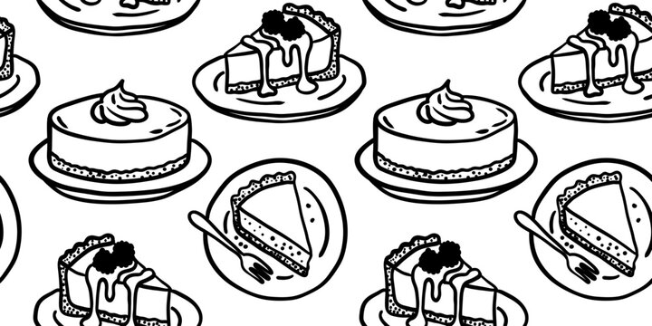 hand drawn cheesecake seamless pattern with whole cakes slices on plates and forks in black and white line art for bakery decor