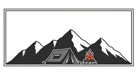 Camping adventure illustration with tent and bonfire under mountain peaks. © Adilah_Fathir