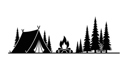 Camping silhouette landscape with tent bonfire and pine trees. © Adilah_Fathir
