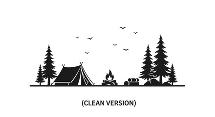 Minimalist camping landscape silhouette with tent and campfire. © Adilah_Fathir