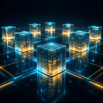Futuristic glowing digital cubes on a dark grid represent data storage and high speed information transfer in celebration of world telecommunication day and technological advancement