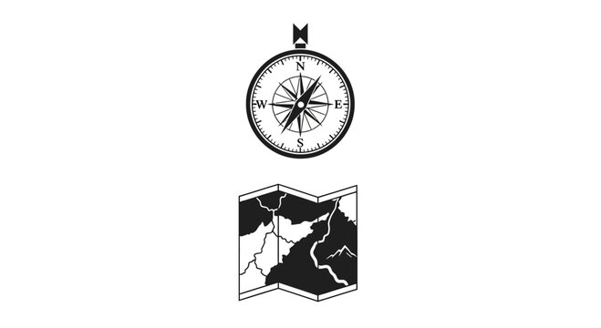 Minimalist icon set featuring a classic navigational compass and a folded paper map.