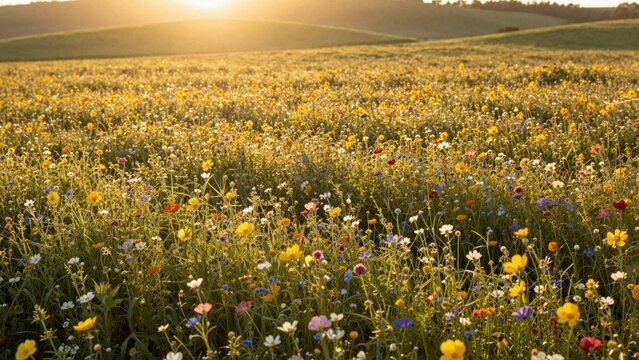 Wildflower meadow blooming on rolling hills at sunset golden light