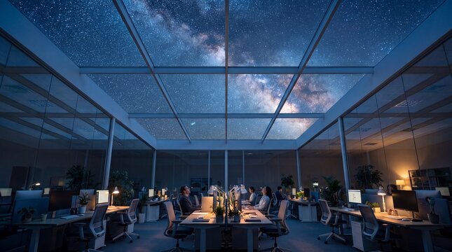 Office Ceiling Transparent Revealing Full Milky Way Night Sky Above Desks