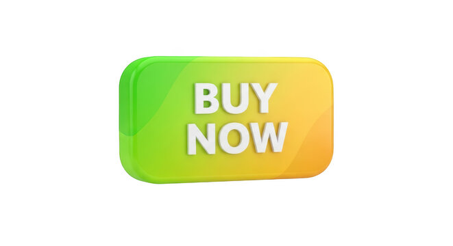 3 d glossy rectangular button with gradient green and yellow colors and white text reading buy now, isolated on transparent