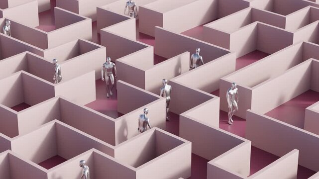 3d animation of seamless conceptual video loop of a polished chrome human figure endlessly navigating a labyrinthine elevated platform maze of choice-making paths