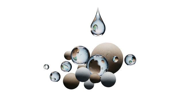A single falling water drop above a cluster of reflective liquid spheres and matte beige balls, isolated on transparent background