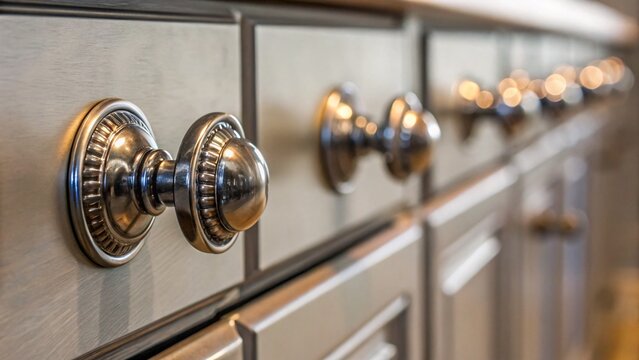 Close-up of elegant cabinet knobs on modern drawers