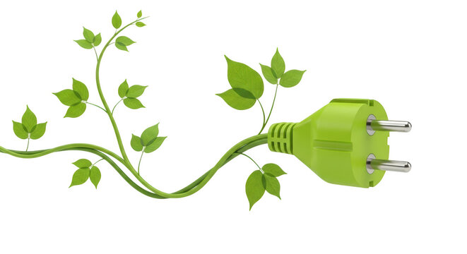 Bright green electrical plug with a flexible cord shaped like a growing vine with leaves, isolated on transparent background