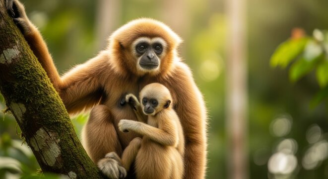 White-Handed Gibbon Mother with Baby Lar Gibbon on Tree Branch, Tropical Rainforest Wildlife Portrait