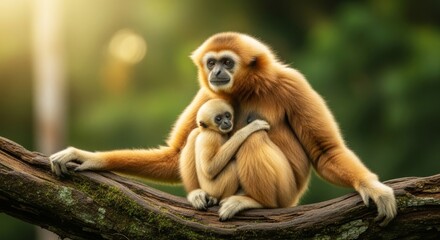 Fototapeta premium White-Handed Gibbon Mother Embracing Baby Lar Gibbon on Mossy Tree Branch, Tropical Wildlife Portrait