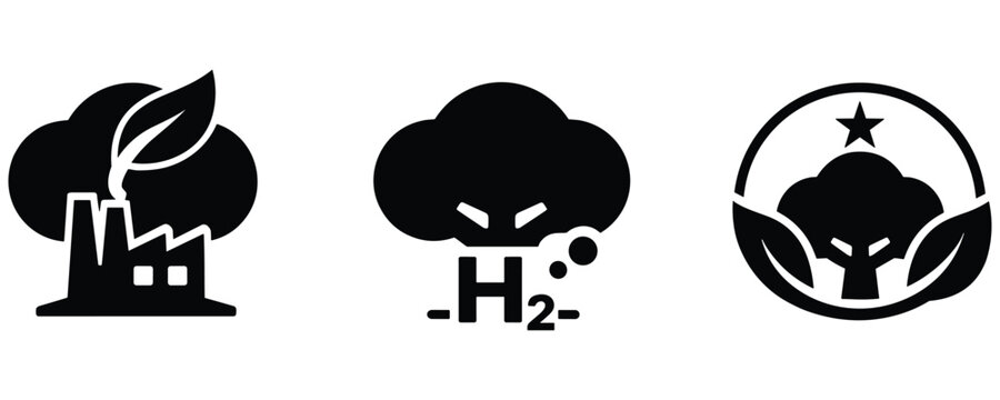 Symbols representing factory emission, hydrogen emission and green energy concept
