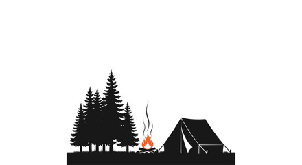 Camping scene with pine trees tent and campfire silhouette. © Baasim_Ghava