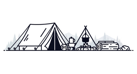 Minimalist camping scene illustration with tent and campfire. © Baasim_Ghava