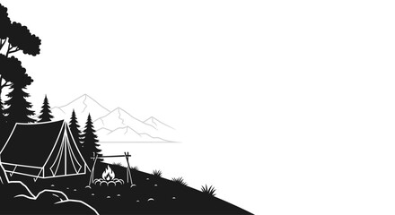 Black and white camping scene illustration with tent and campfire. © Baasim_Ghava