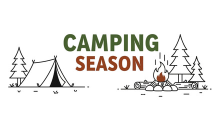 Camping Season text graphic with tent and campfire outline. © Baasim_Ghava