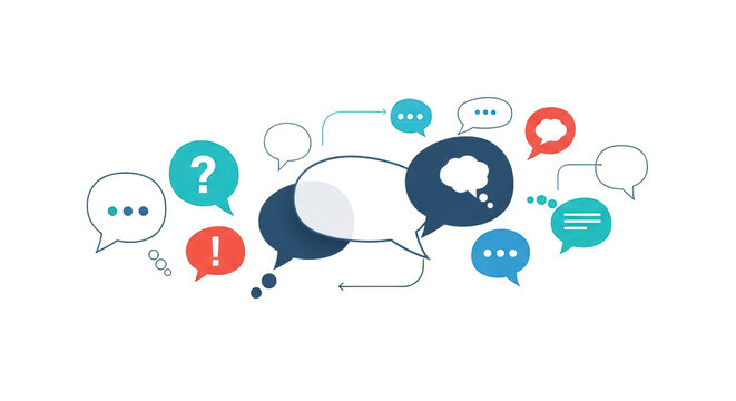 Collection of colorful speech bubbles with question marks, exclamation points, and dots, isolated on transparent background