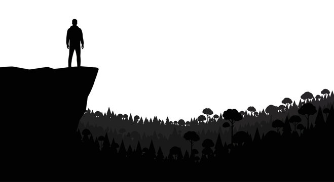 A solitary man standing on a cliff edge looking out.