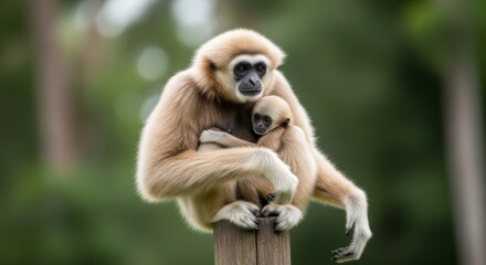 Fototapeta premium White-Handed Gibbon Mother Hugging Baby Lar Gibbon Sitting on Wooden Post, Tropical Wildlife Portrait