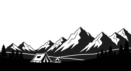 Black and white vector illustration of a camping tent in the mountains. © Baasim_Ghava