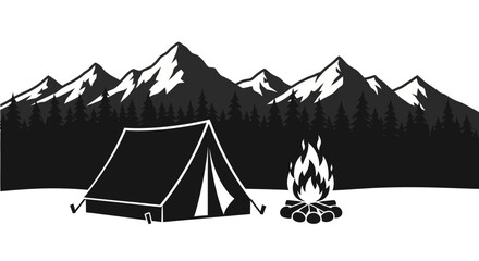Camping tent and bonfire vector illustration in black and white. © Baasim_Ghava