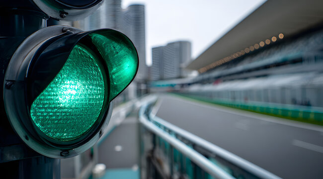 An image showing a green traffic light on a race track with a stadium in the background.