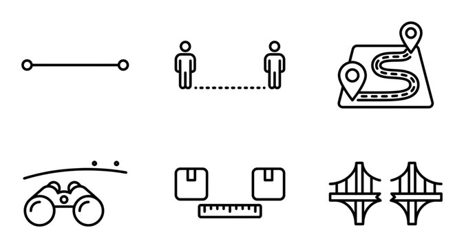 6 Distance icons map route binoculars bridge ruler and social spacing, outline solid styles, UI and web interface design