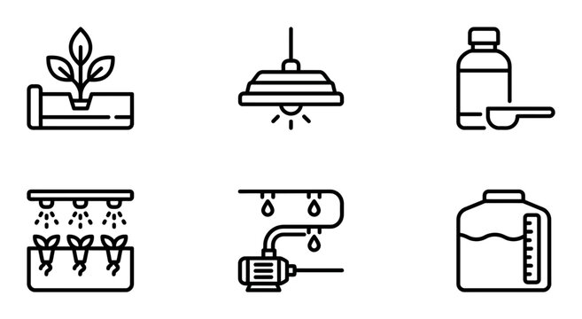 6 Hydroponic icons featuring grow light, water pump, nutrient bottle and tank, outline solid styles, UI and web interface design