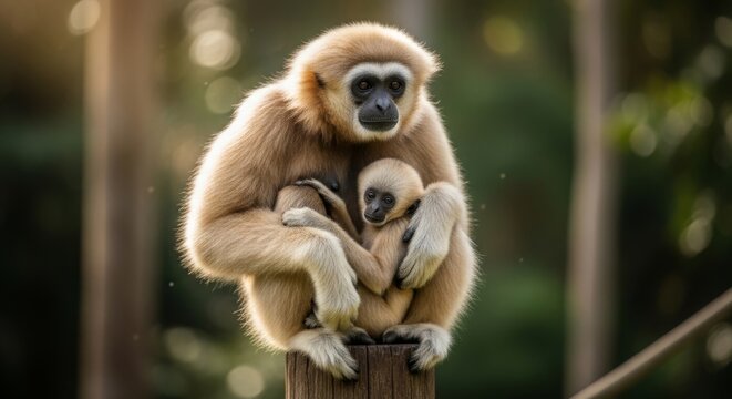 White-Handed Gibbon Mother Hugging Baby Lar Gibbon on Wooden Post, Tropical Wildlife Portrait