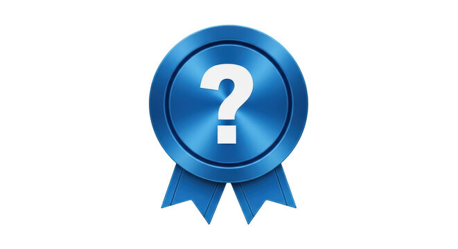 Metallic blue circular ribbon badge with a white question mark symbol in the center, isolated on transparent background