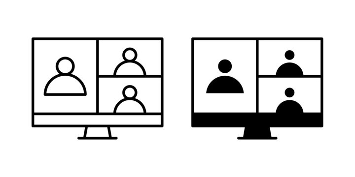Video meeting icon in outline and solid style. Ideal for online conferencing, remote work, and communication apps on white background.