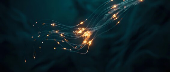 Fototapeta premium Abstract flowing light trails with golden sparks creating dynamic energy waves against dark teal background for digital art and motion graphics projects.