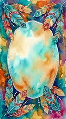 Fototapeta premium Watercolor boho frame with decorative feathers and oval space for text or design. Tribal ethnic ornamental border with vibrant colors for spiritual artwork.