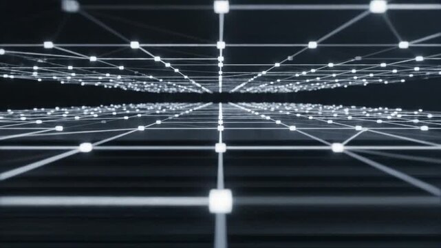 Glowing white digital nodes connected by luminous lines forming a futuristic abstract mesh structure floating in a dark infinite space