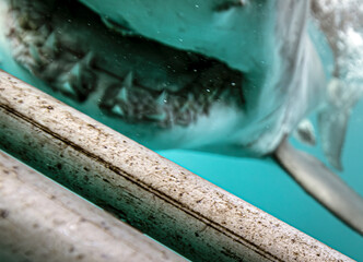 Great white shark slamming the cage with jaws open, a close up of teeth, power, and pure adrenaline in a split second underwater attack © Paul Bride
