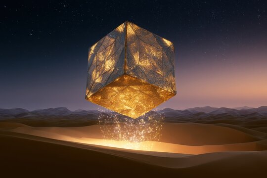 A giant glowing geometric cube floating seemingly by magic above the desert sand, surreal lighting