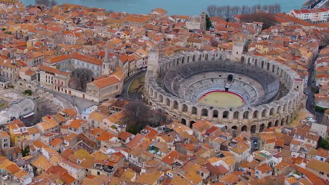 Aerial view of the old town of the city Arles on a sunny summer morning in France.