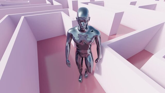 3d animation of seamless conceptual video loop of a polished chrome human figure endlessly navigating a labyrinthine elevated platform maze of choice-making paths
