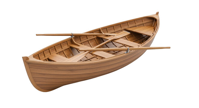Traditional wooden rowboat with two oars resting on the benches, crafted from light brown planks, isolated on transparent background