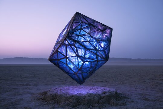 A giant glowing geometric cube floating seemingly by magic above the desert sand, surreal lighting